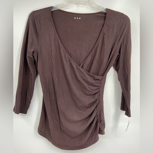 NWT, Three Dots, Women’s‎ Top, crossover wrap style, 3/4 sleeves, Brown, sz XL